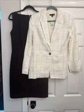 Ann Taylor White Windowpane Single-Button Linen Blazer & Black Boatneck Dress